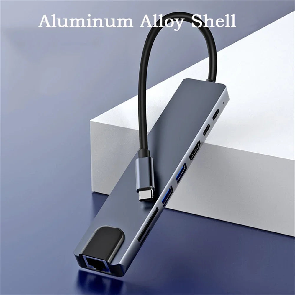 8 In 1 USB C Hub with RJ45 SD/TF Card Reader Type C 3.1 To 4K HD Adapter  PD Fast Charge for MacBook Notebook Laptop Computer