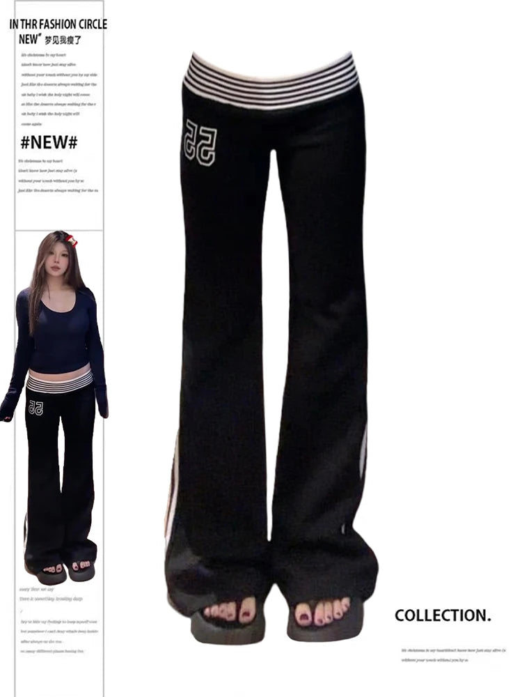 2025 Autumn Winter Women High Street American Retro Flared Pants Y2k Low Rise Long Trousers College Harajuku 2000s Bell Bottom