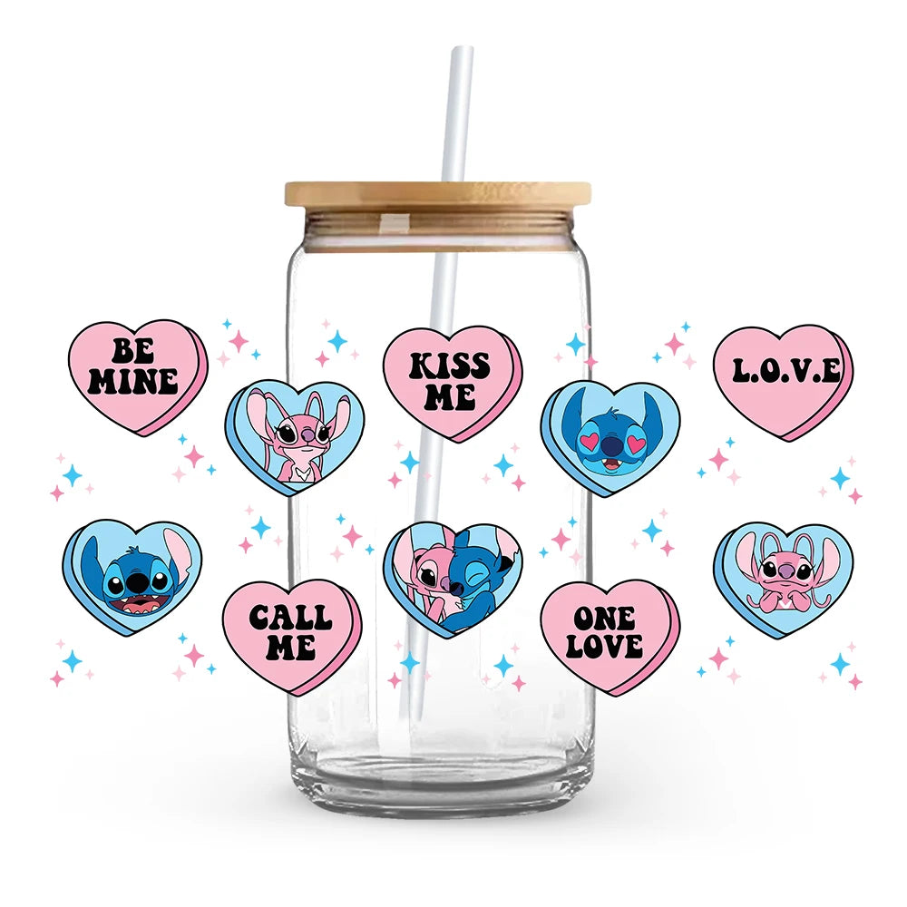 Valentine's Day cartoon Mickey Minnie Stitch Love 16oz Glass Cup UV DTF Transfer Film High-Quality Wraps Transfer Decals