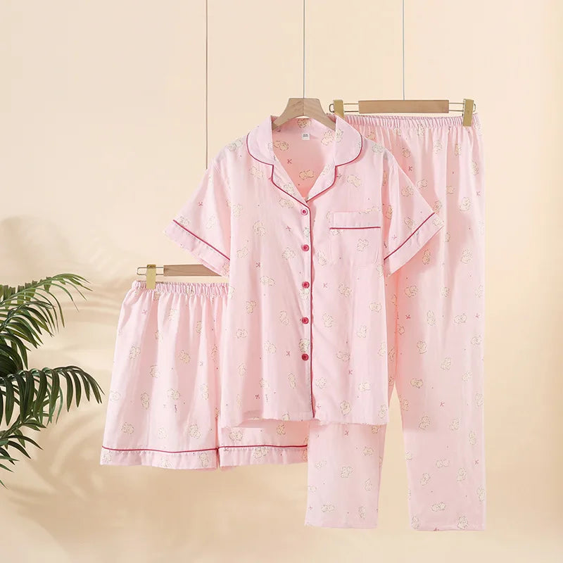 Summer Women Pajamas 3 Pieces Set 100% Gauze Cotton Female Sleepwear Bedroom Set Short sleeved long pants + shorts Woman Piiama