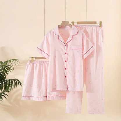 Summer Women Pajamas 3 Pieces Set 100% Gauze Cotton Female Sleepwear Bedroom Set Short sleeved long pants + shorts Woman Piiama