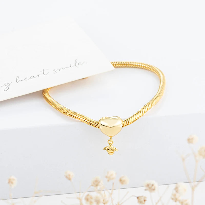 Nouvelle chaîne de sécurité plaquée or, fermoir cœur, arbre généalogique, perle breloque flocon de neige compatibles avec les bracelets européens originaux en argent 925 - Bijou à offrir