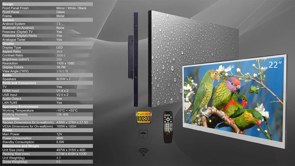 Souria 22 inches Smart Magic Mirror Waterproof TV for Bathroom Hotel DTV Tuner WiFi Bluetooth Built-in Apps Store ATSC DVB-T T2