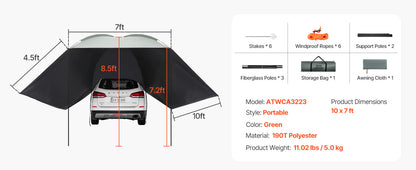 VEVOR Vehicle Awning  Retractable Car Side Awning Car Awning with Waterproof Storage Bag  Suitable for Truck SUV Van Campers