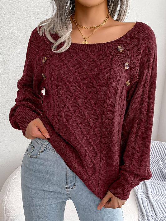 Autumn/Winter European and American Casual Solid Color Square Neck Button Twist Long Sleeve Pullover Sweater
